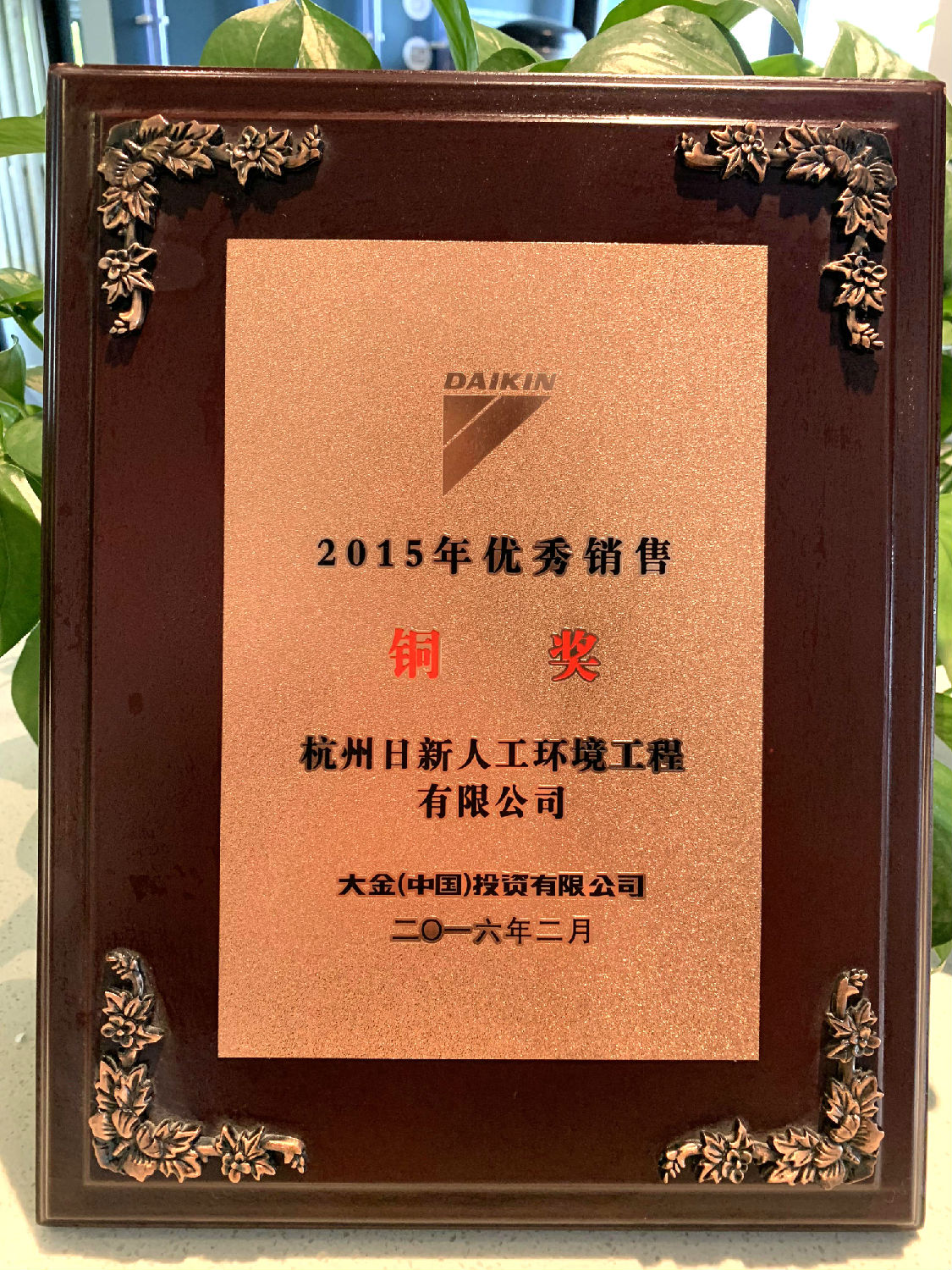 2015年日新環(huán)境榮獲大金空調頒發(fā)“優(yōu)秀銷售銅獎”